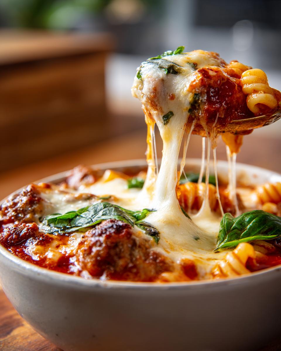 A spoonful of lasagna soup with melty cheese, meatballs, pasta, and basil.