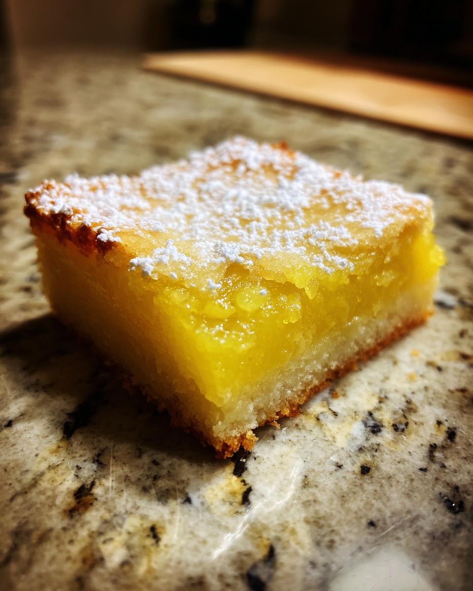 A single slice of lemon bar, dusted with powdered sugar, showcasing its bright citrus filling and buttery crust.