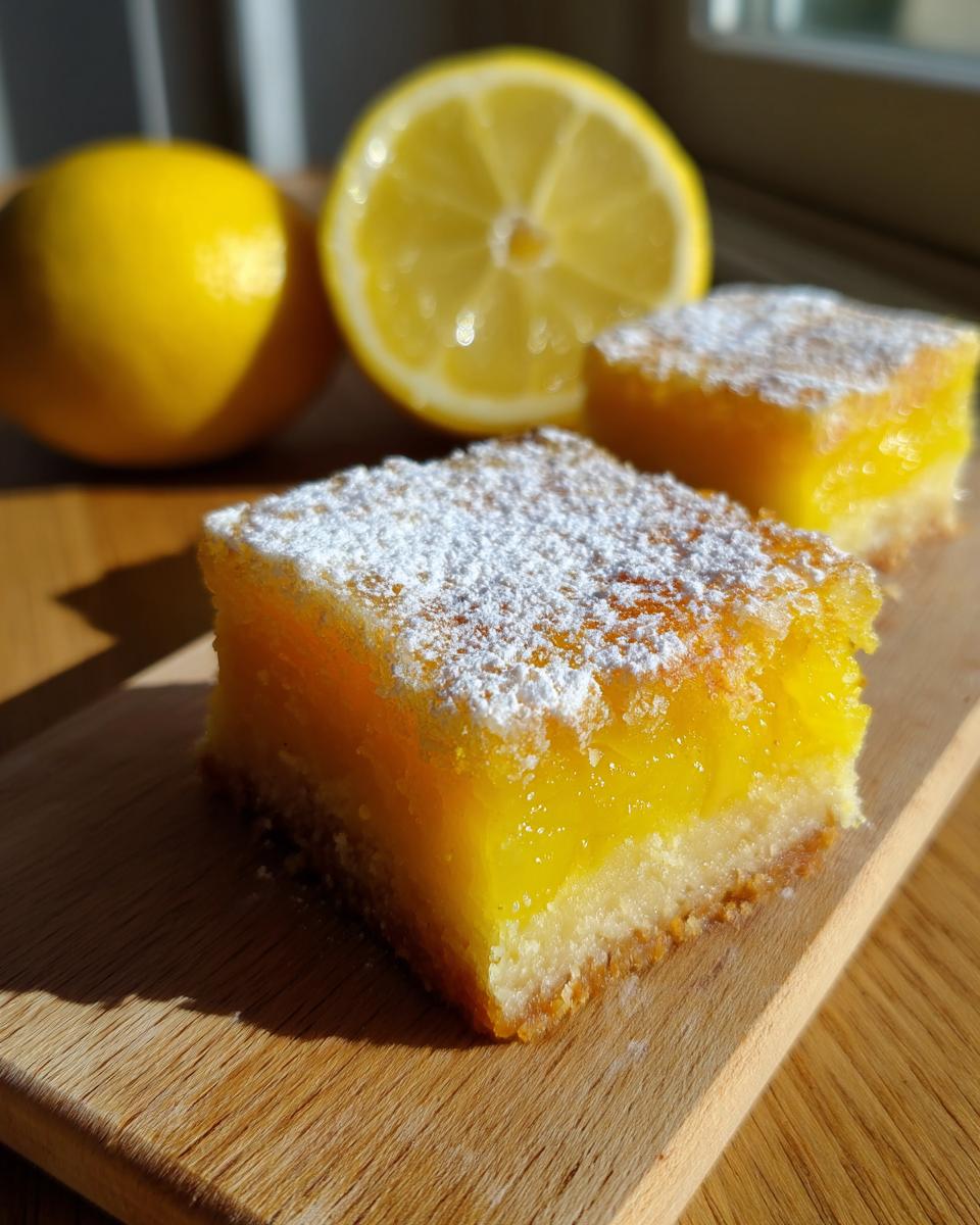 Two bright lemon bars dusted with powdered sugar, with whole and sliced lemons in the background.