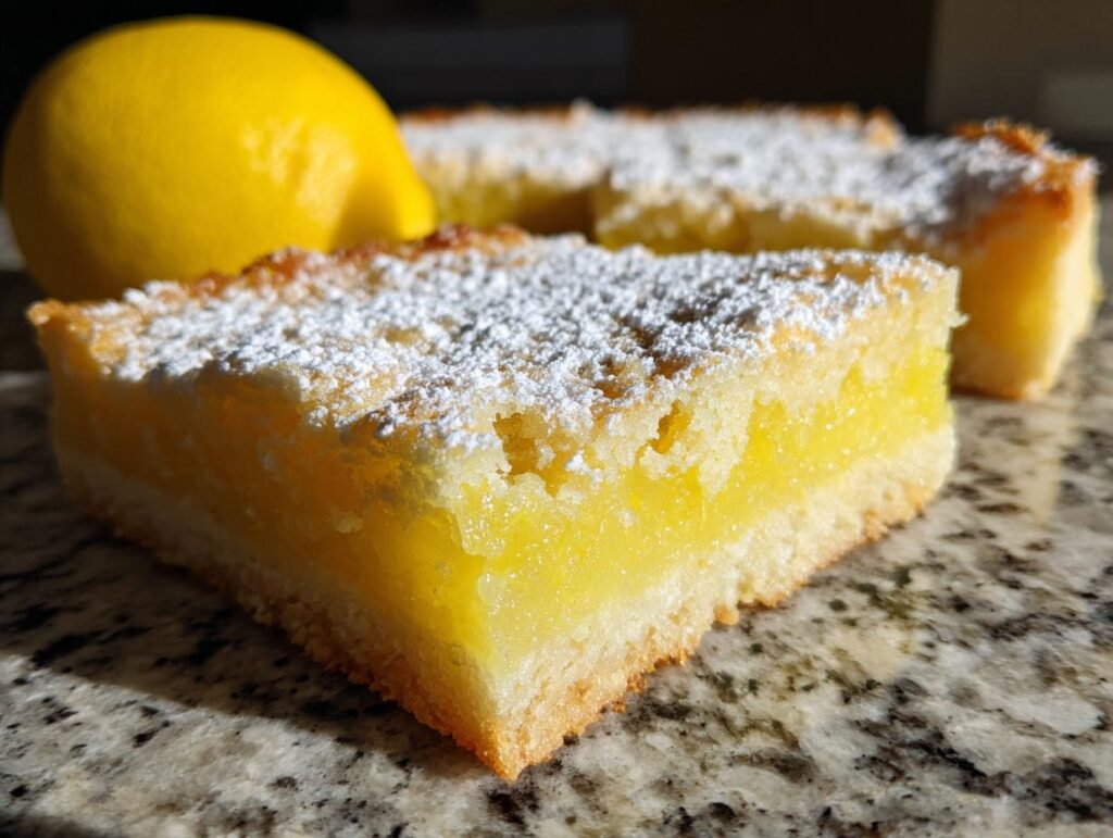 A close-up of a slice of lemon bar dessert, dusted with powdered sugar, with a whole lemon in the background.