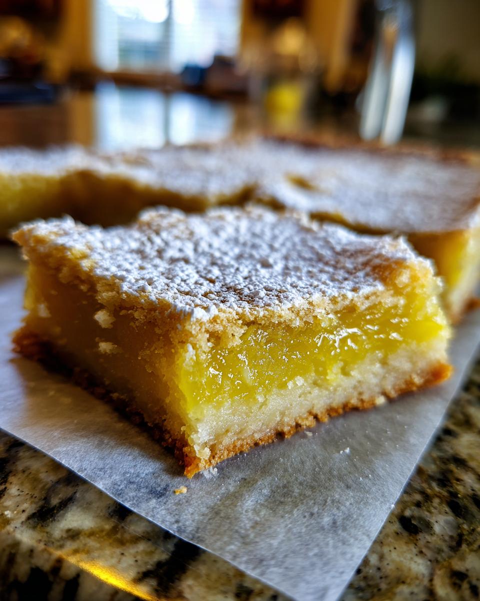 Close-up of a lemon bar with bright citrus flavor, dusted with powdered sugar.