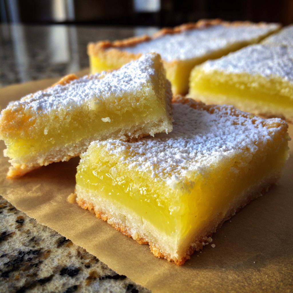 Close-up of sweet lemon bars dusted with powdered sugar, showcasing their bright citrus flavor.