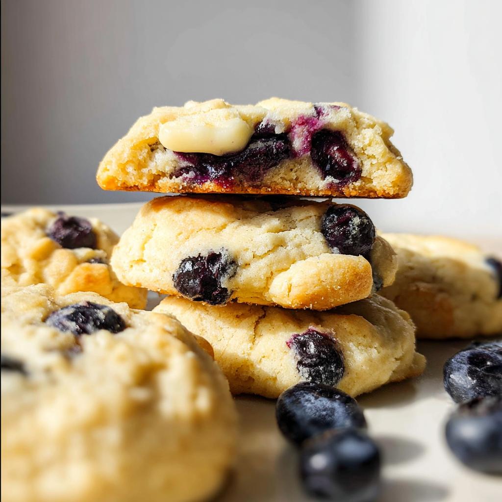 A stack of delicious Lemon Blueberry Cheesecake Cookies, with visible blueberries and white chocolate chips.