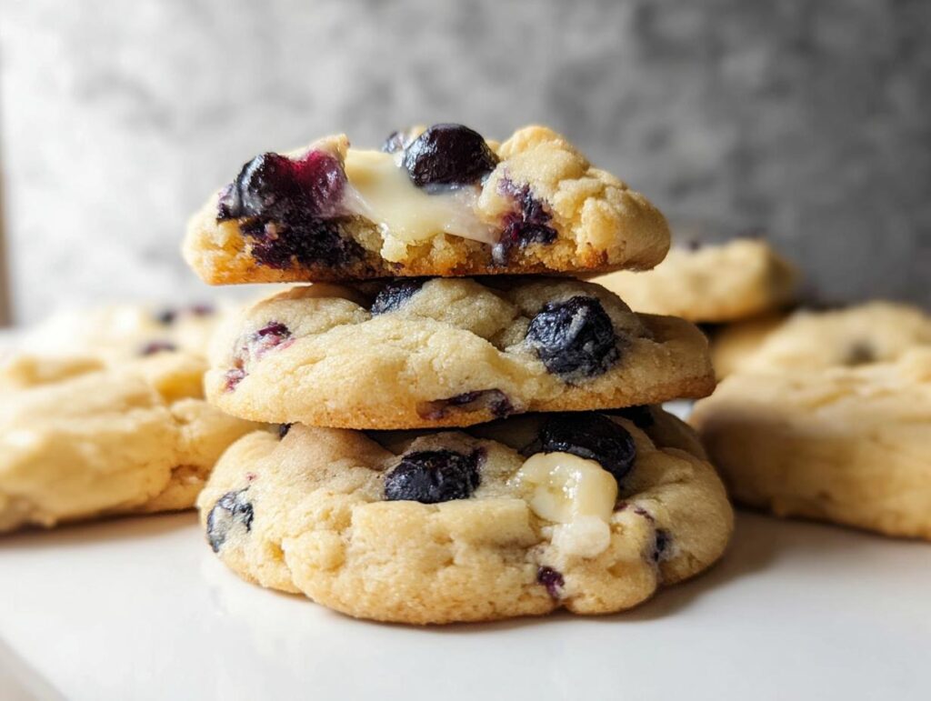 A stack of three Lemon Blueberry Cheesecake Cookies, with the top cookie broken to show the gooey center and blueberries.