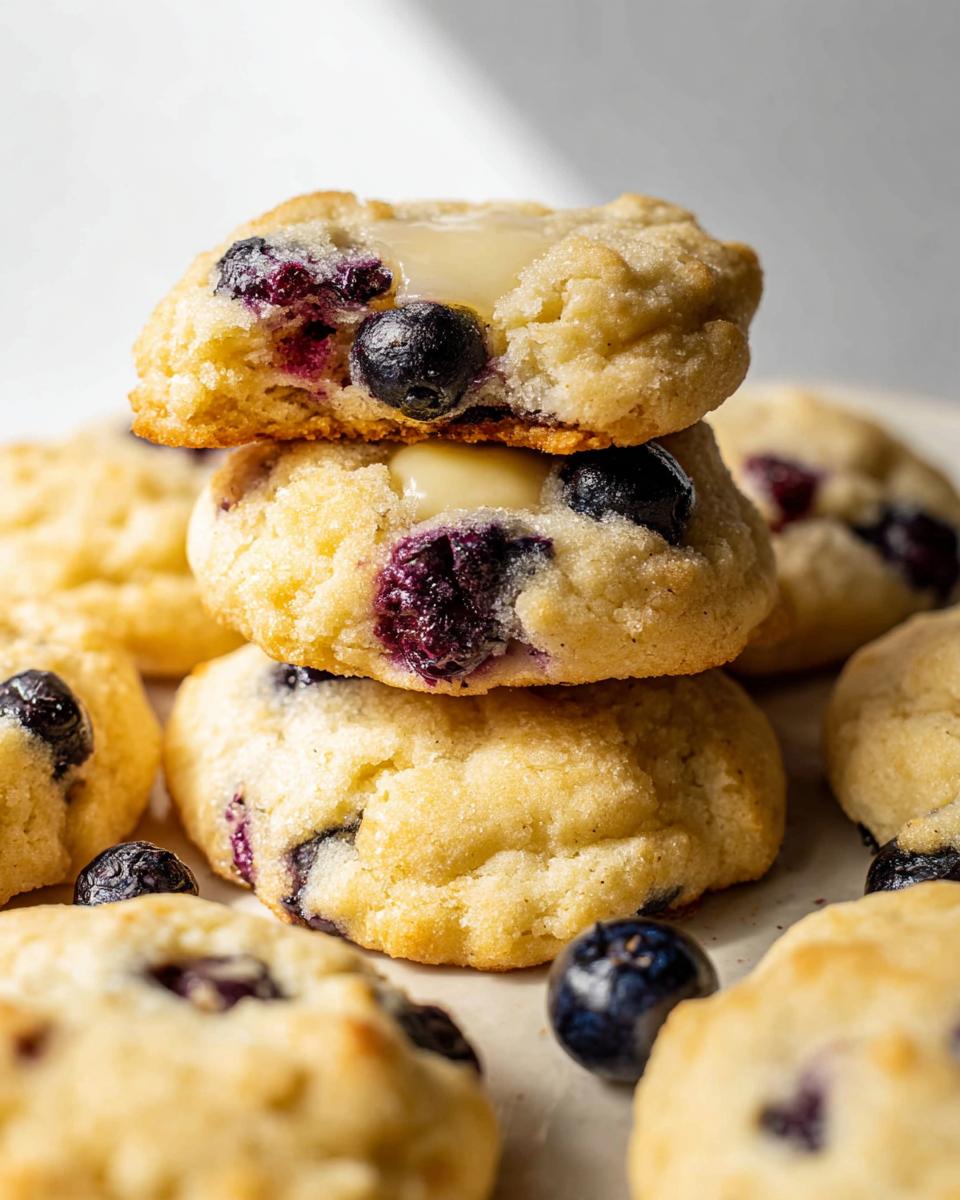 A stack of three delicious Lemon Blueberry Cheesecake Cookies, with fresh blueberries and creamy cheesecake filling visible.