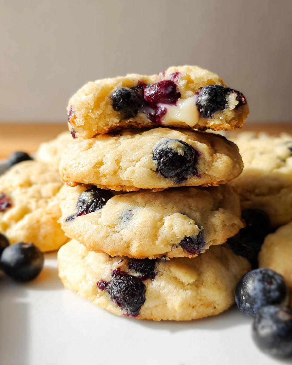 A stack of delicious Lemon Blueberry Cheesecake Cookies, with a close-up of the creamy cheesecake filling and blueberries in the top cookie.