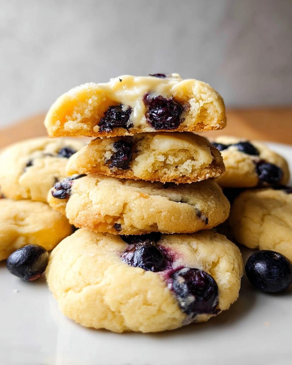 A stack of delicious Lemon Blueberry Cheesecake Cookies, with a close-up of the creamy center and blueberries.