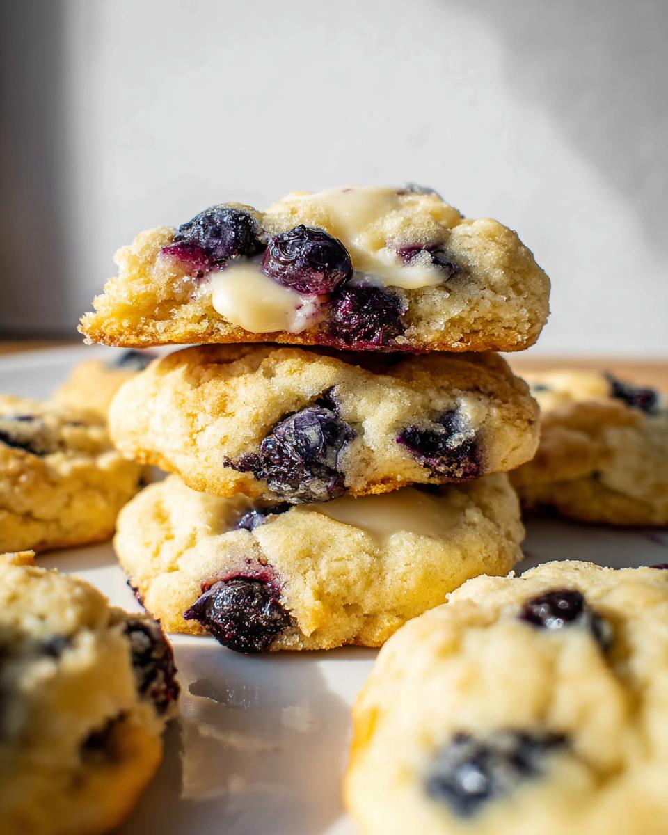 A stack of delicious Lemon Blueberry Cheesecake Cookies, with a creamy filling and bursting blueberries.