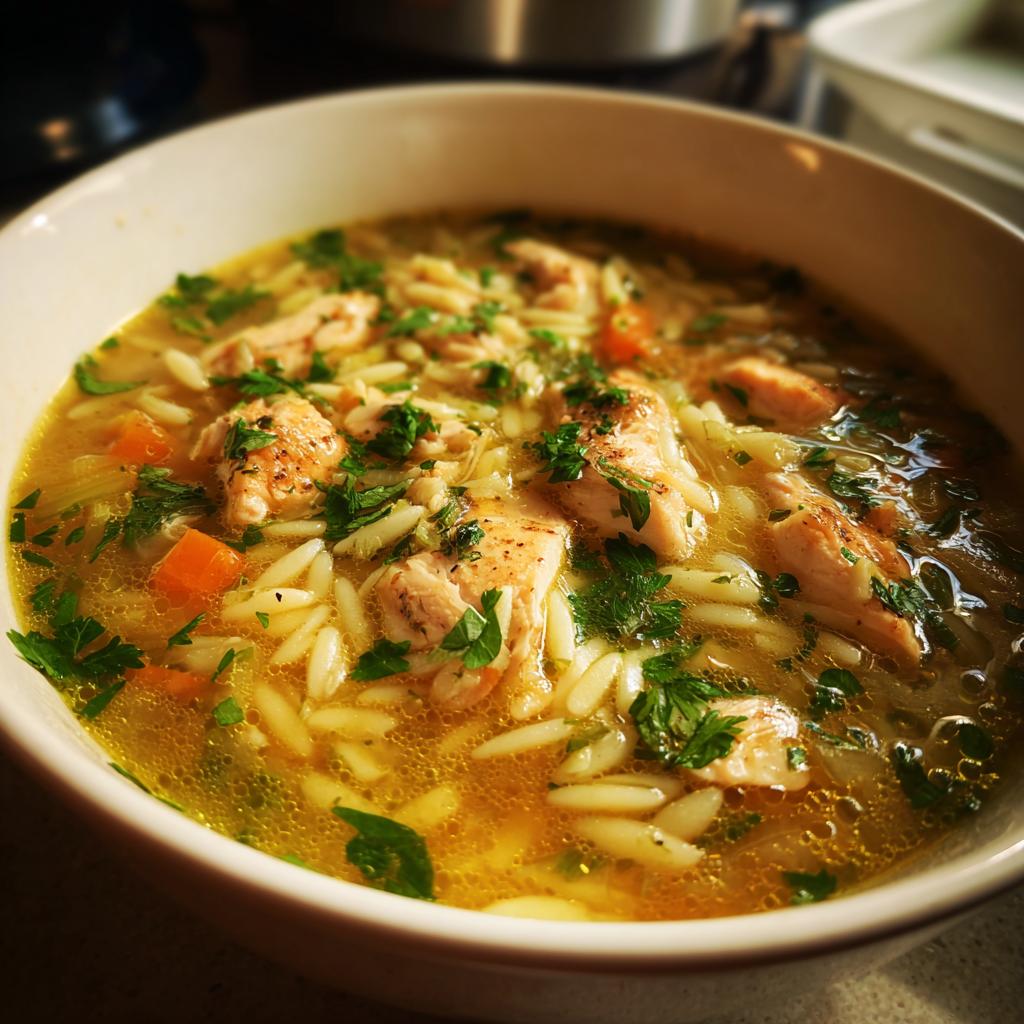 A close-up of a bowl of Lemon Chicken Orzo Soup With Fresh Herbs, featuring tender chicken pieces, orzo pasta, carrots, and fresh parsley.