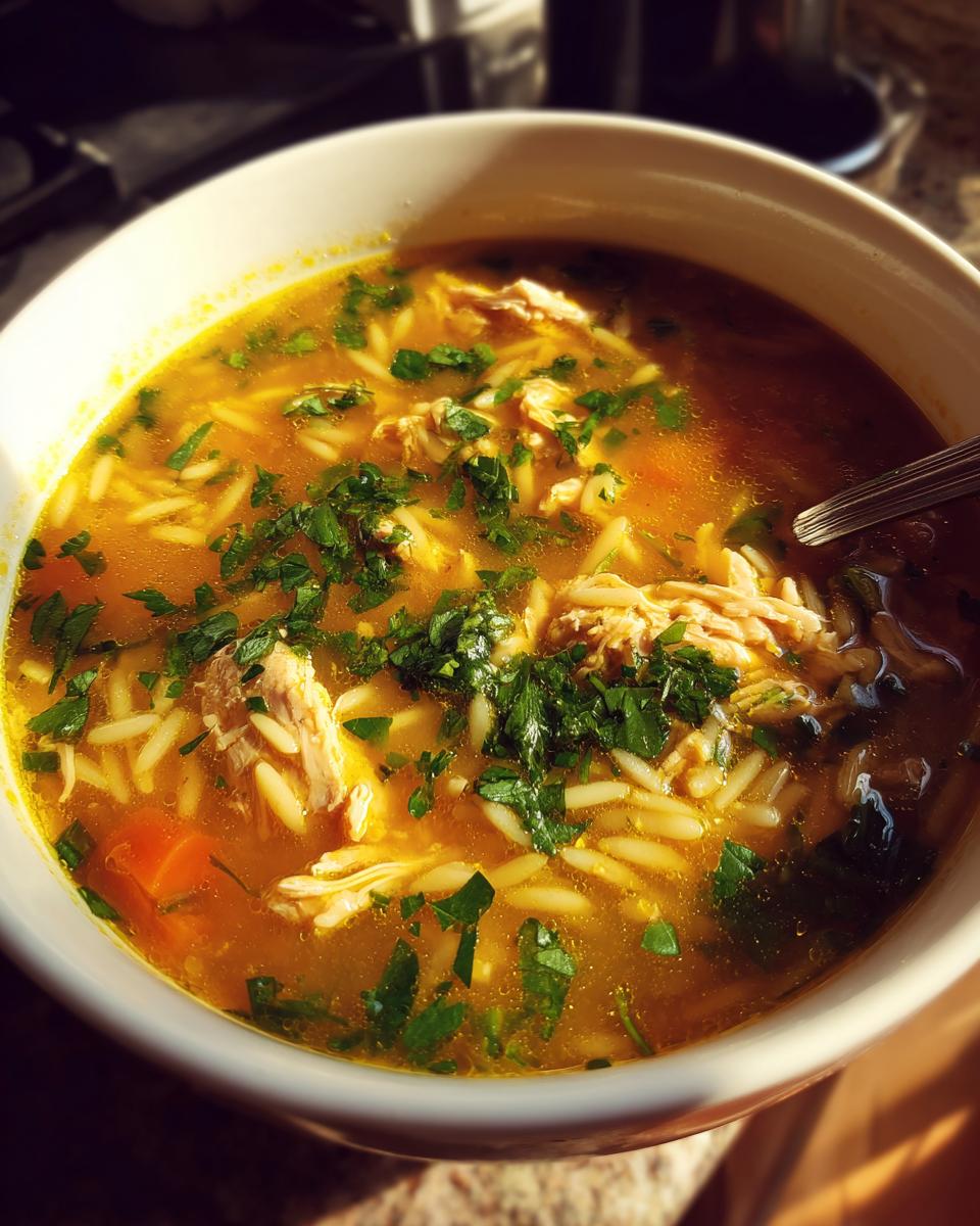 A bowl of hearty Lemon Chicken Orzo Soup With Fresh Herbs, filled with shredded chicken, orzo pasta, carrots, and fresh parsley.