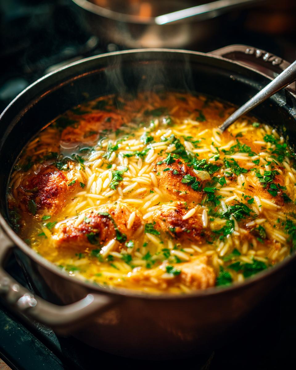 A steaming pot of Lemon Chicken Orzo Soup With Fresh Herbs, featuring tender chicken pieces and orzo pasta in a flavorful broth.