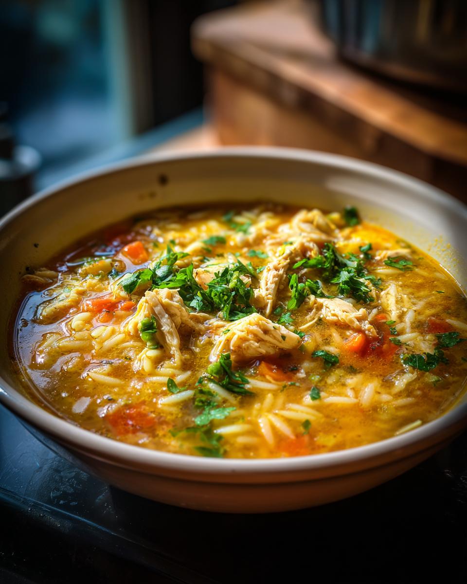 A close-up of a bowl of Lemon Chicken Orzo Soup with fresh herbs, featuring shredded chicken, orzo pasta, and diced carrots.