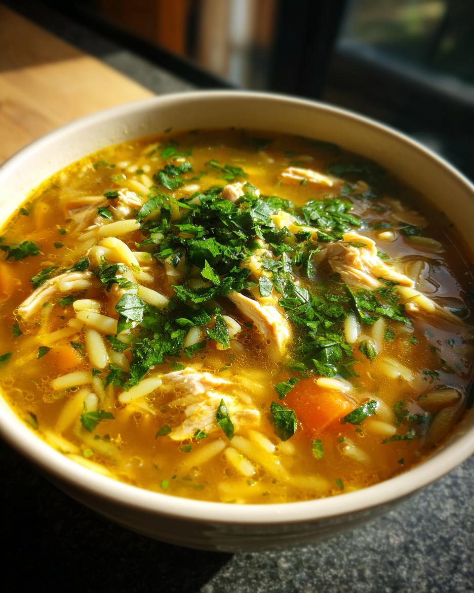 A close-up of a bowl of Lemon Chicken Orzo Soup With Fresh Herbs, featuring shredded chicken, orzo pasta, carrots, and fresh parsley.