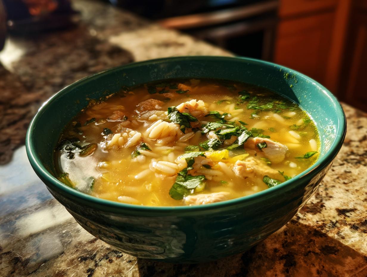 A close-up of a bowl of Lemon Chicken Orzo Soup With Fresh Herbs, featuring shredded chicken, orzo pasta, and bright green herbs.