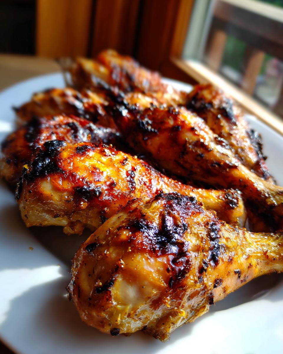 Close-up of perfectly grilled lemon garlic drumsticks on a white plate, with grill marks and a golden-brown glaze.