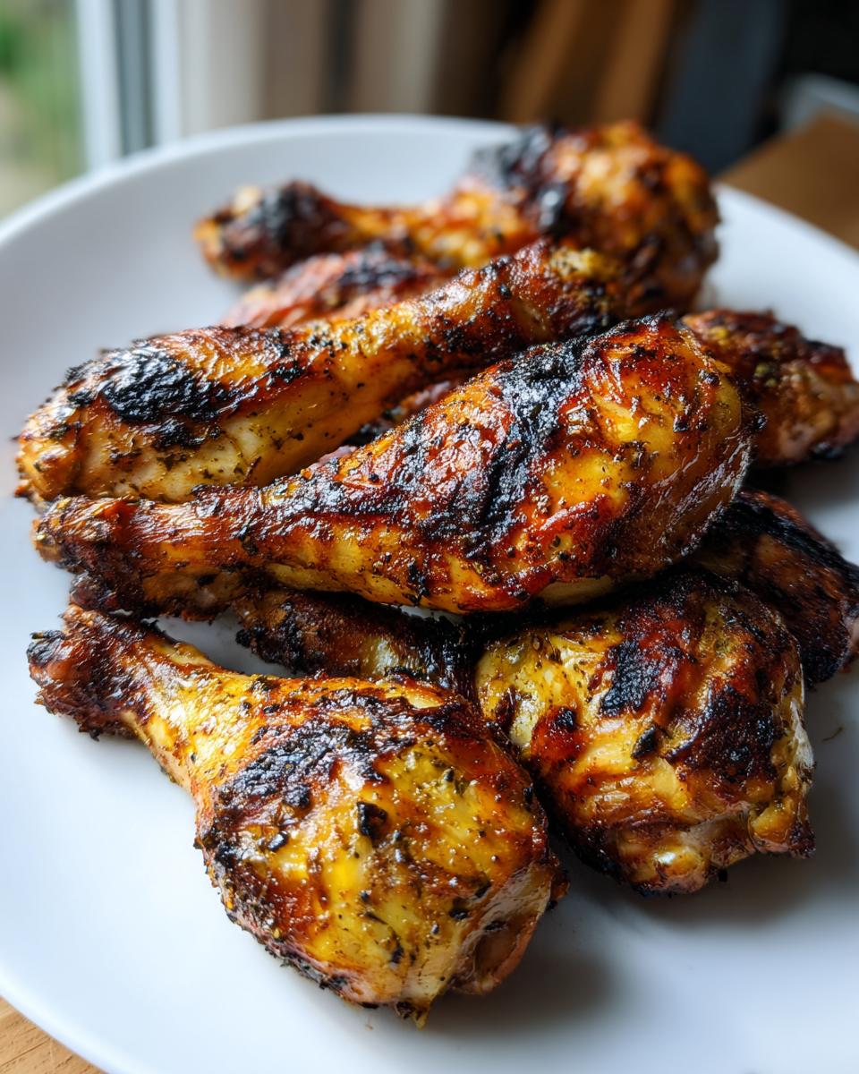 A close-up of perfectly grilled lemon garlic drumsticks piled on a white plate, showcasing their golden-brown, slightly charred exterior.