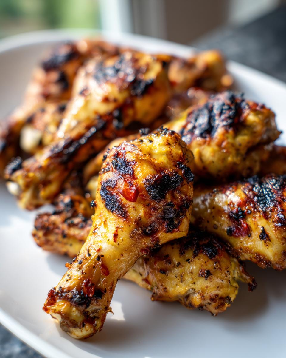 Close-up of perfectly grilled lemon garlic drumsticks on a white platter, showing char marks and seasoning.