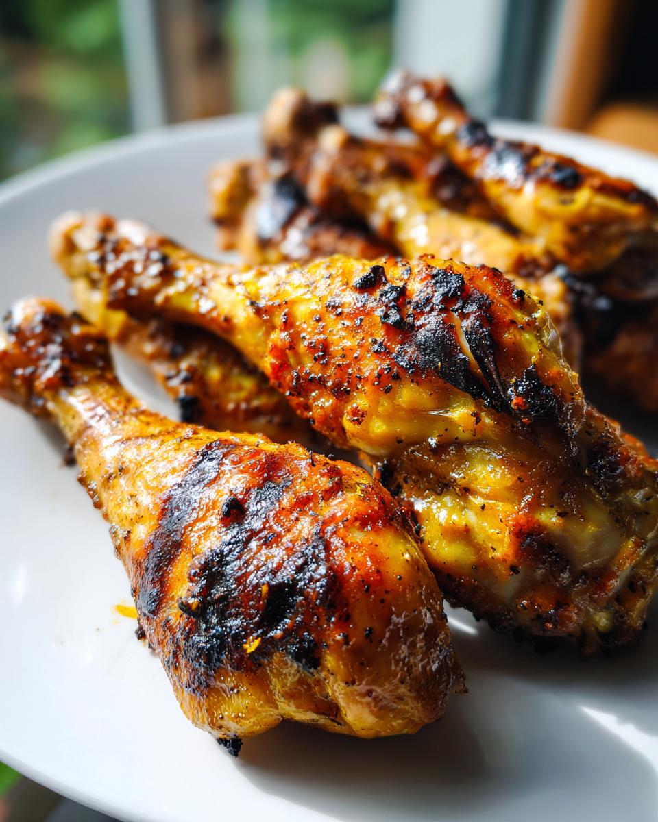 Close-up of perfectly grilled lemon garlic drumsticks on a white plate, showcasing a golden-brown crispy skin with char marks.