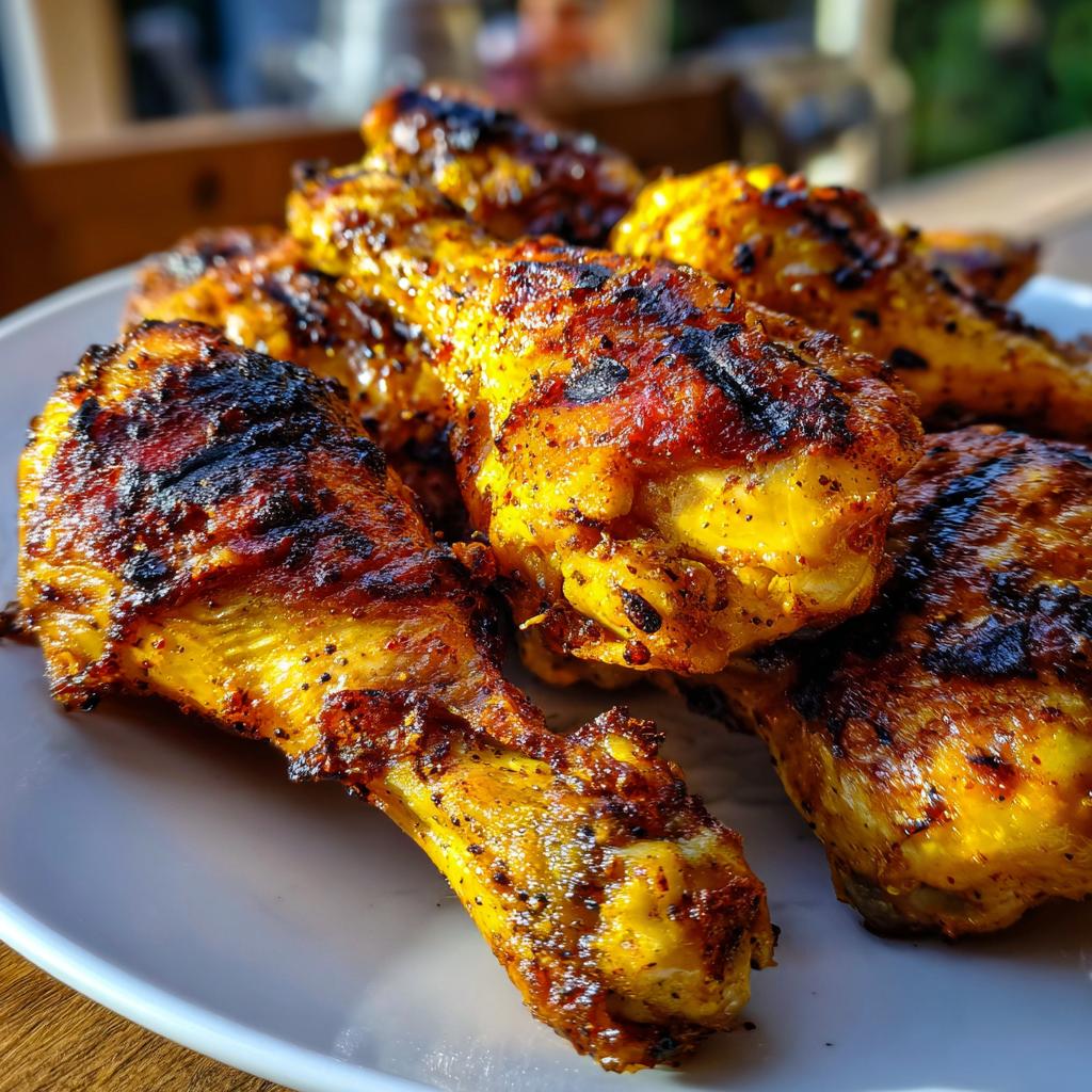 Close-up of perfectly grilled lemon garlic drumsticks on a white plate, showcasing golden-brown crispy skin with char marks.