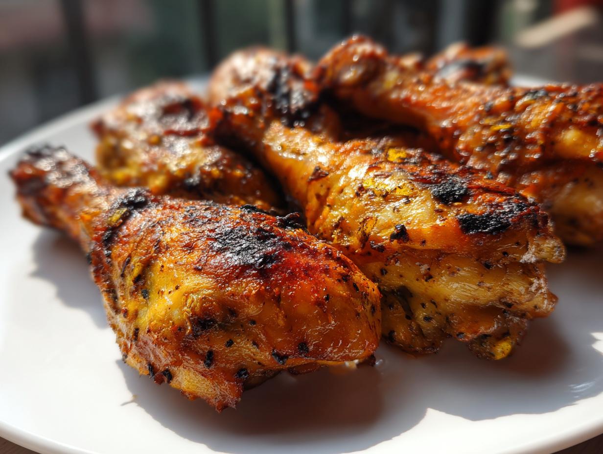 Close-up of perfectly grilled lemon garlic drumsticks on a white plate, showing char marks and juicy texture.