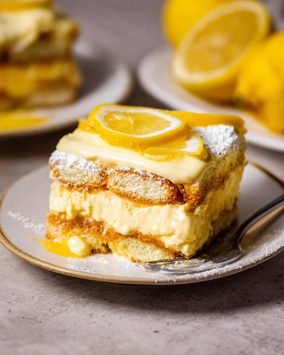 A slice of creamy Lemon Tiramisu dessert layered with ladyfingers and topped with lemon slices and powdered sugar.