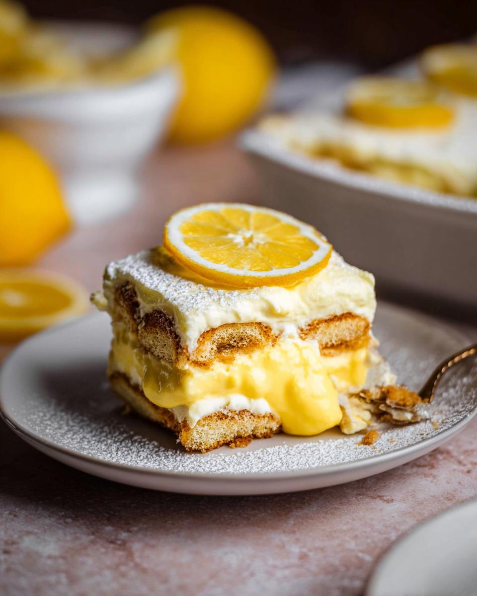 A slice of creamy Lemon Tiramisu topped with powdered sugar and a lemon slice, with a fork taking a bite.
