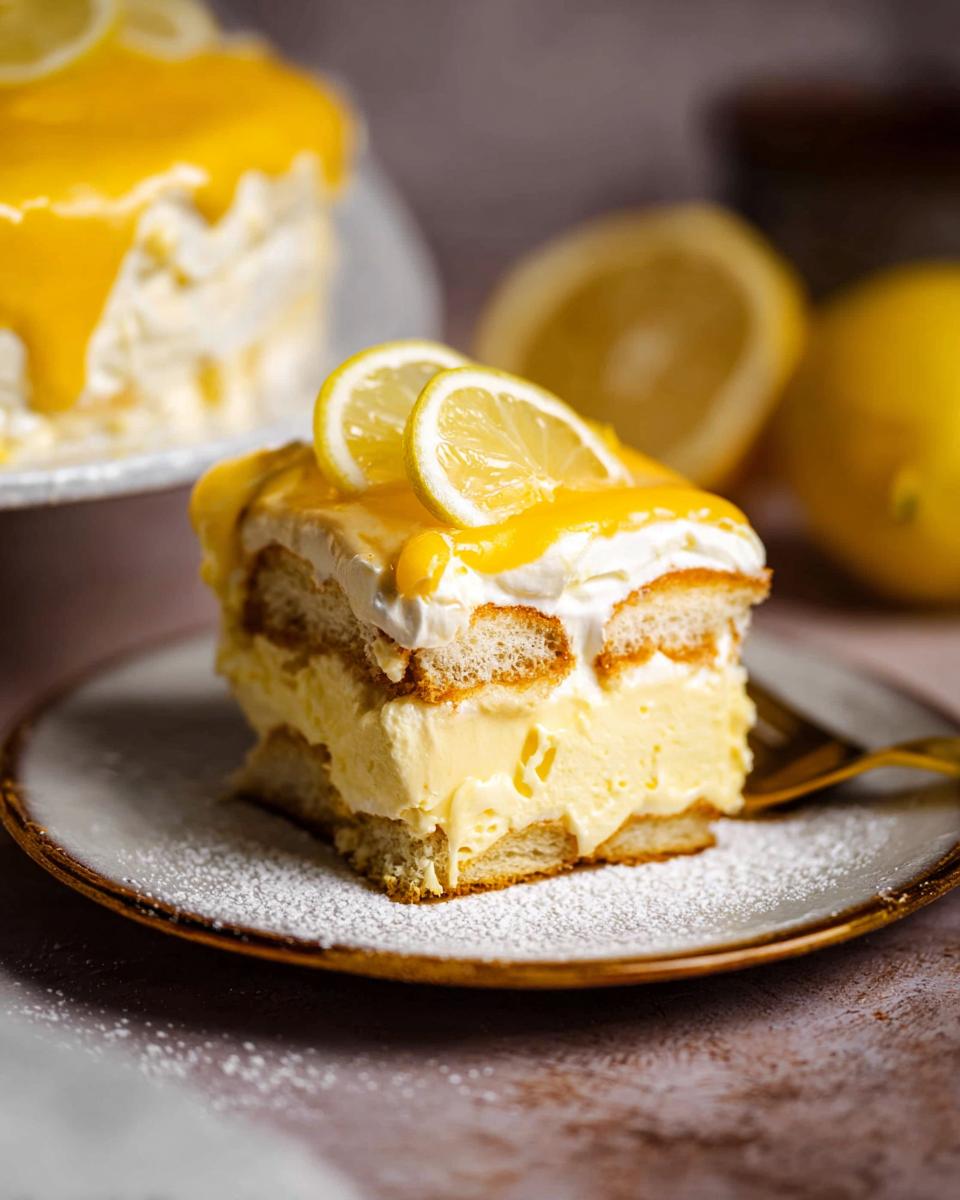 A decadent slice of Lemon Tiramisu, layered with ladyfingers and creamy lemon filling, topped with whipped cream and lemon slices.