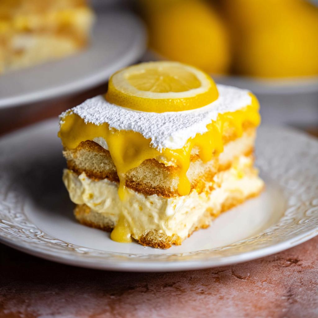 A slice of decadent Lemon Tiramisu, layered with cream and cake, topped with lemon curd and a lemon slice.