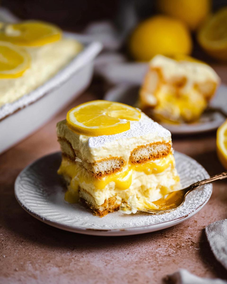 A slice of creamy Lemon Tiramisu dessert, layered with ladyfingers and lemon curd, topped with a lemon slice and powdered sugar.