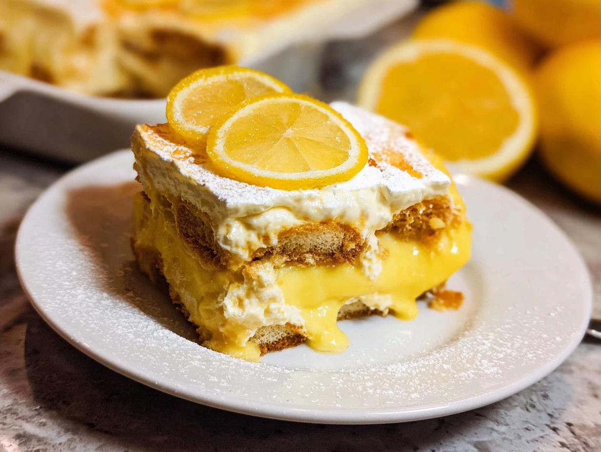 A decadent slice of Lemon Tiramisu on a white plate, topped with lemon slices and powdered sugar.