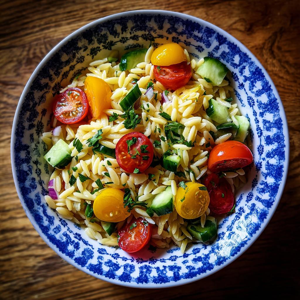 A vibrant bowl of lemony orzo salad with fresh cherry tomatoes, cucumber, and parsley.
