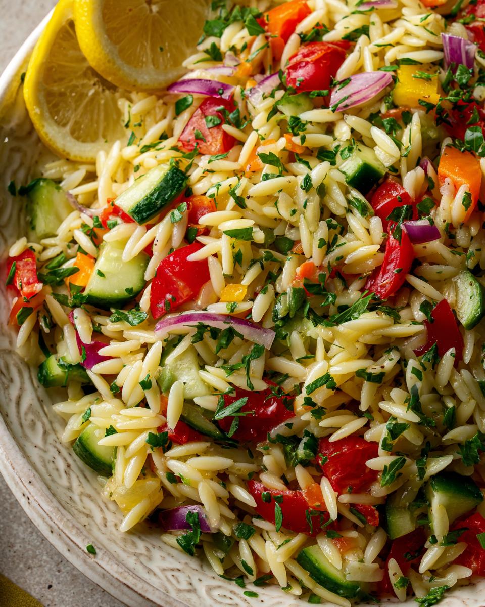 A refreshing bowl of lemony orzo salad with chopped cucumber, tomatoes, red onion, bell peppers, and parsley, garnished with lemon slices.