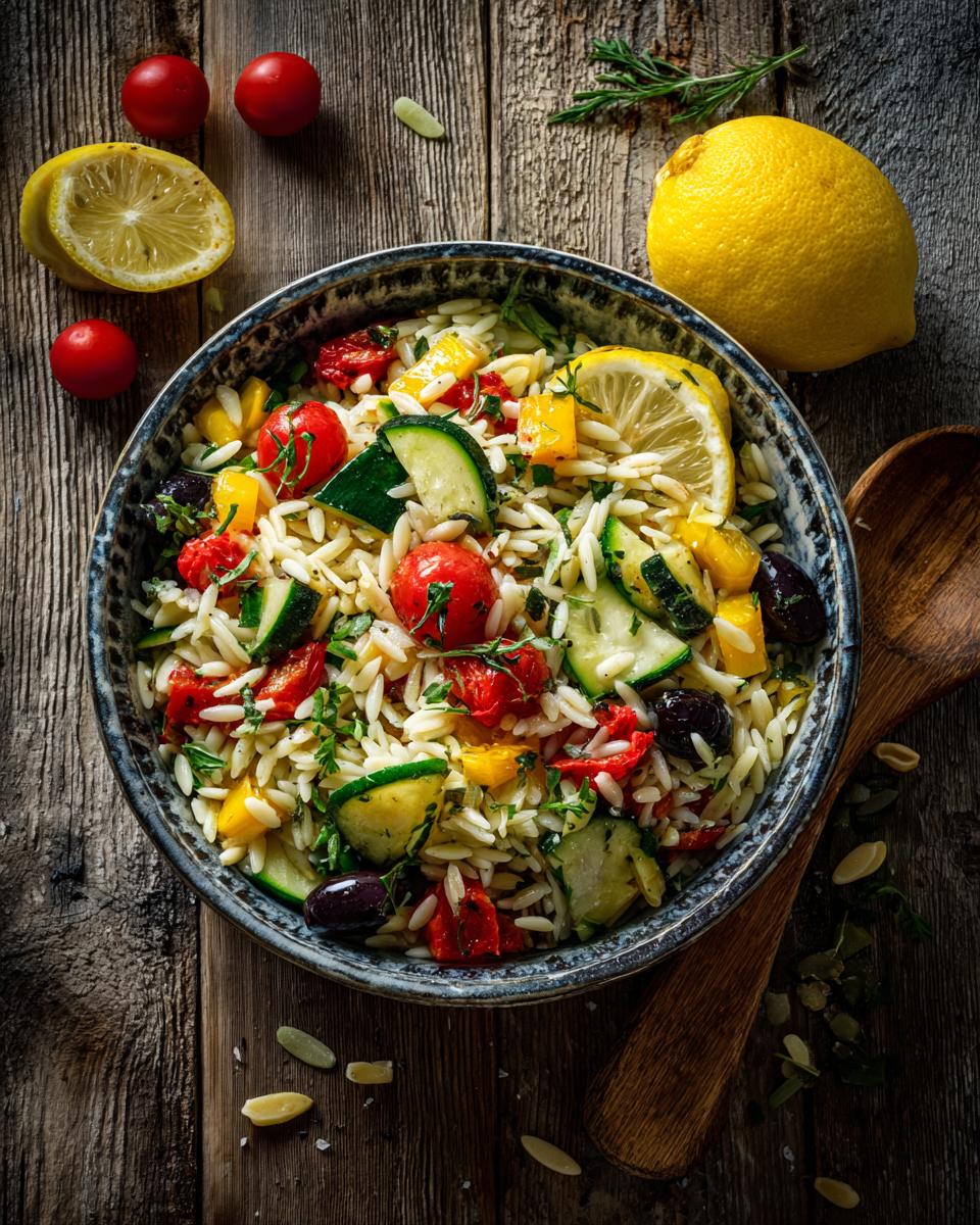 A vibrant bowl of lemony orzo salad with fresh vegetables like tomatoes, zucchini, and olives, garnished with lemon slices.