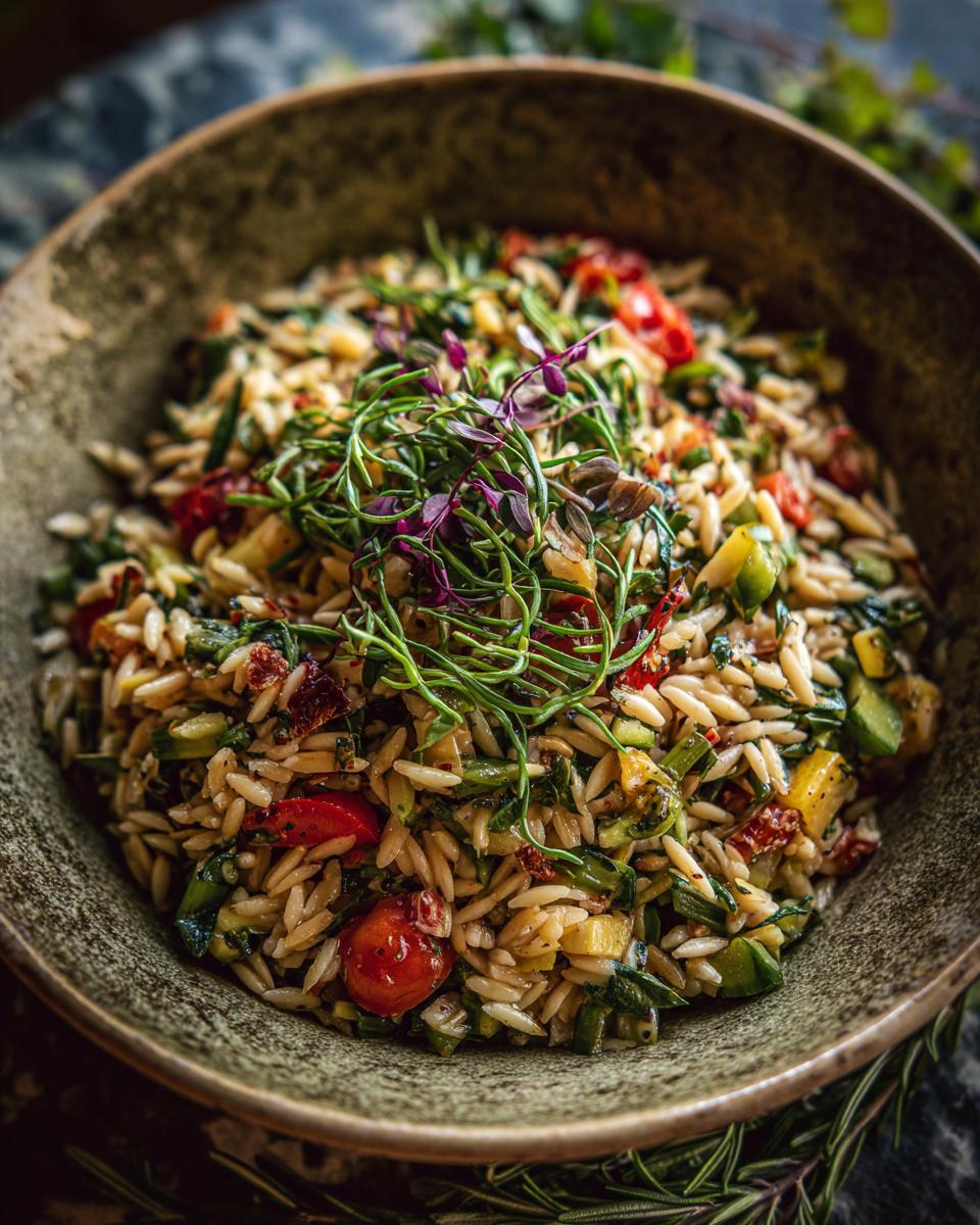 A close-up of a bowl filled with lemony orzo salad, featuring cherry tomatoes, zucchini, and fresh herbs.