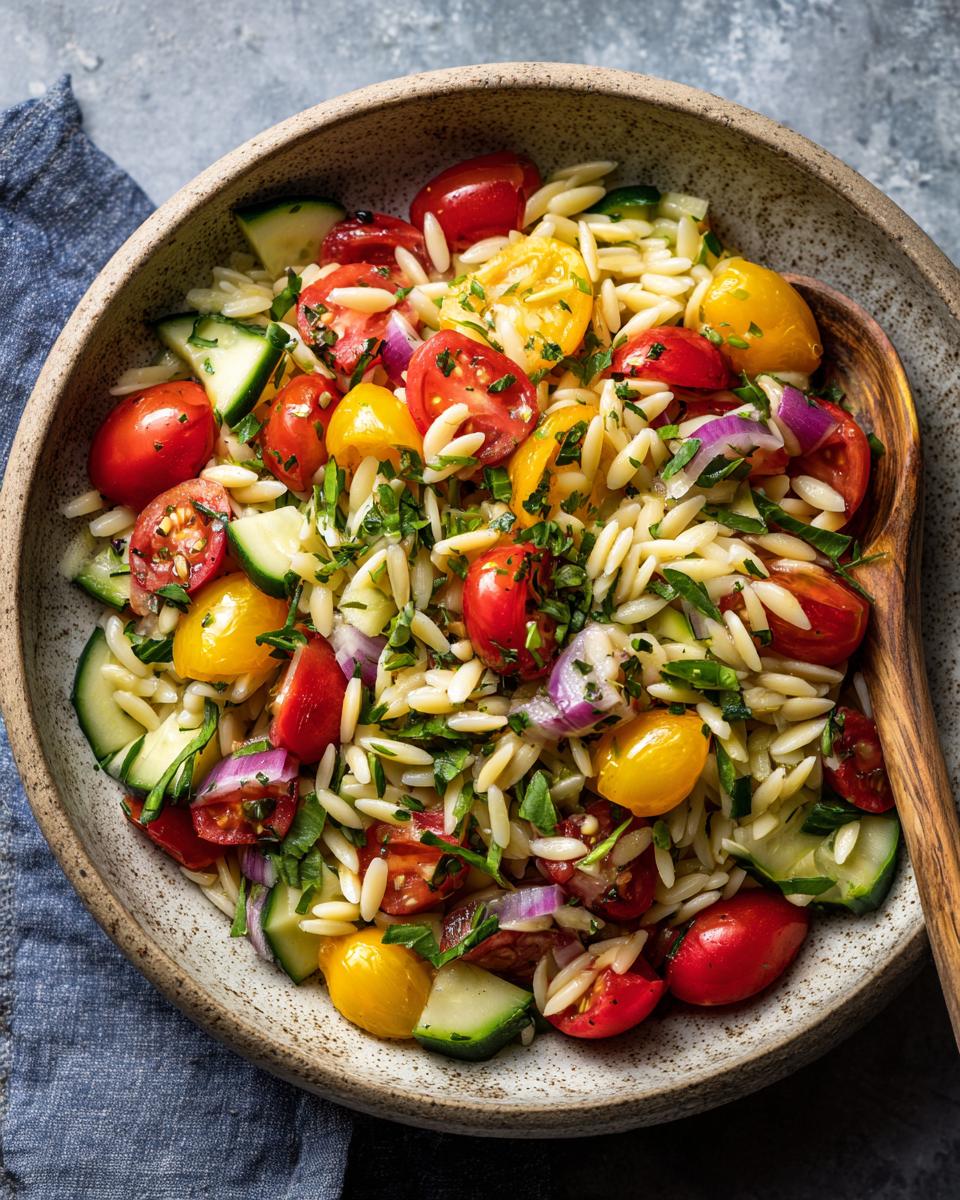 A bowl of lemony orzo salad with fresh veggies, including cherry tomatoes, cucumber, and red onion, with a wooden spoon.