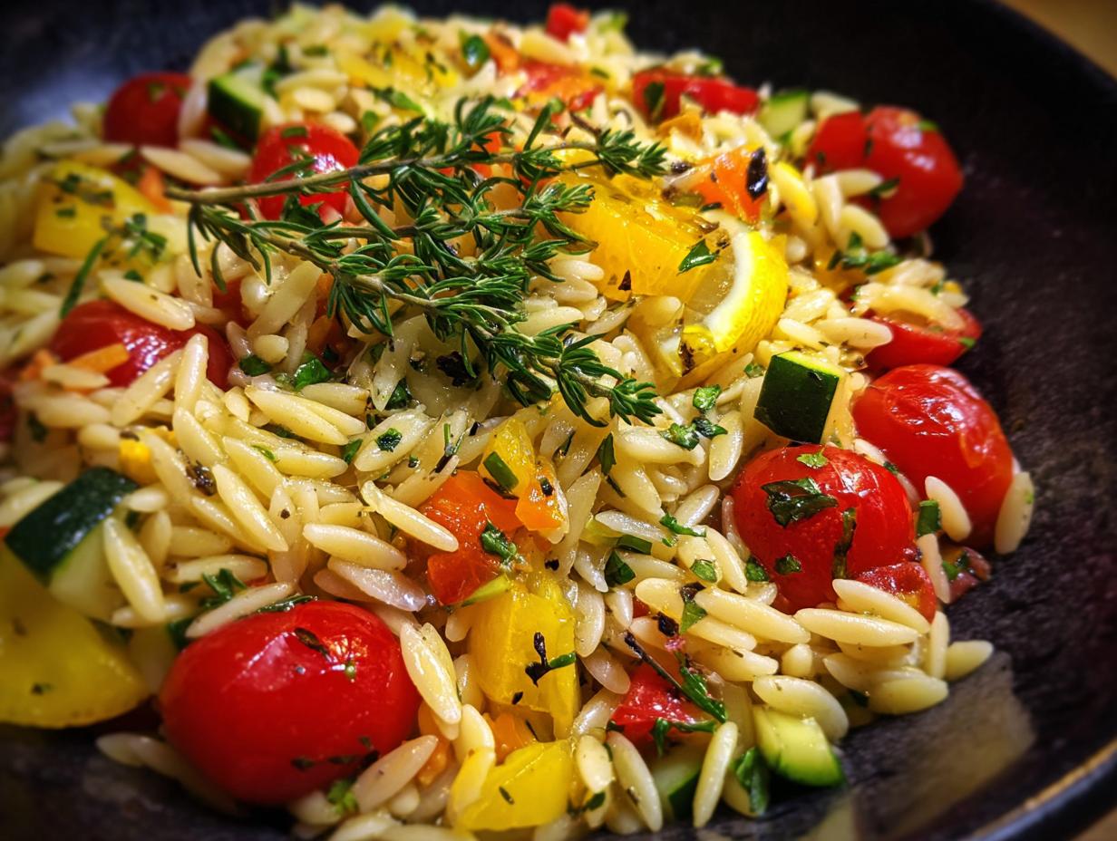 A vibrant bowl of lemony orzo salad with cherry tomatoes, zucchini, bell peppers, and fresh herbs.