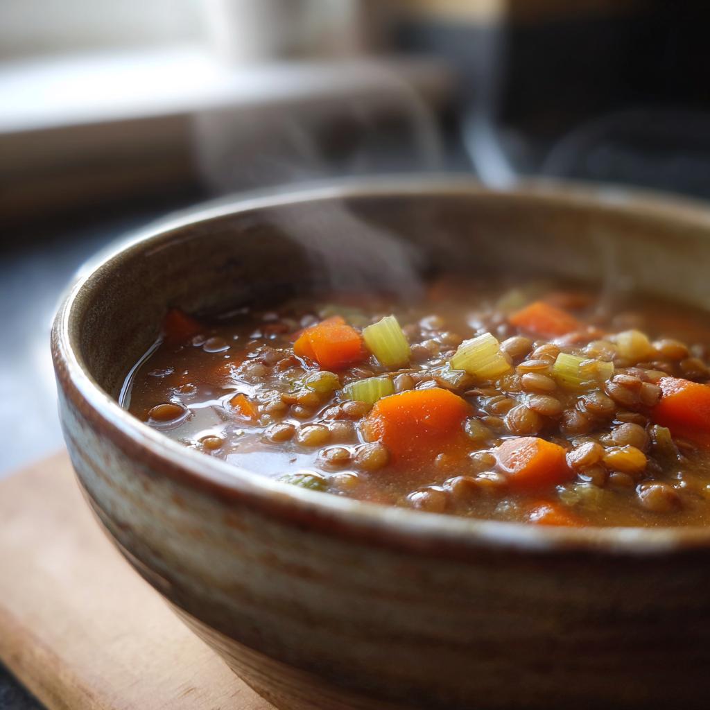 A steaming bowl of lentil vegetable soup with carrots and celery, perfect for meal prep.