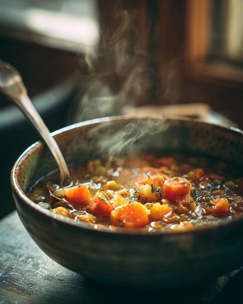 A steaming bowl of lentil vegetable soup with carrots and herbs, perfect for meal prep.