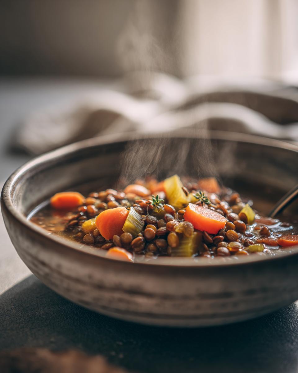 A close-up of a steaming bowl of lentil vegetable soup, featuring lentils, carrots, and celery, perfect for meal prep.