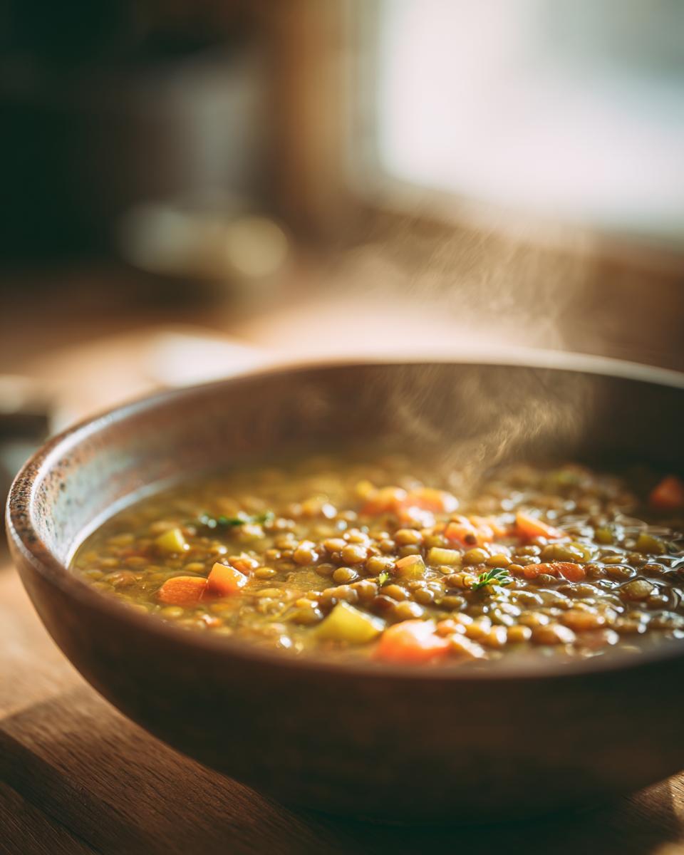 A steaming bowl of lentil vegetable soup, featuring lentils, carrots, and potatoes, perfect for meal prep.