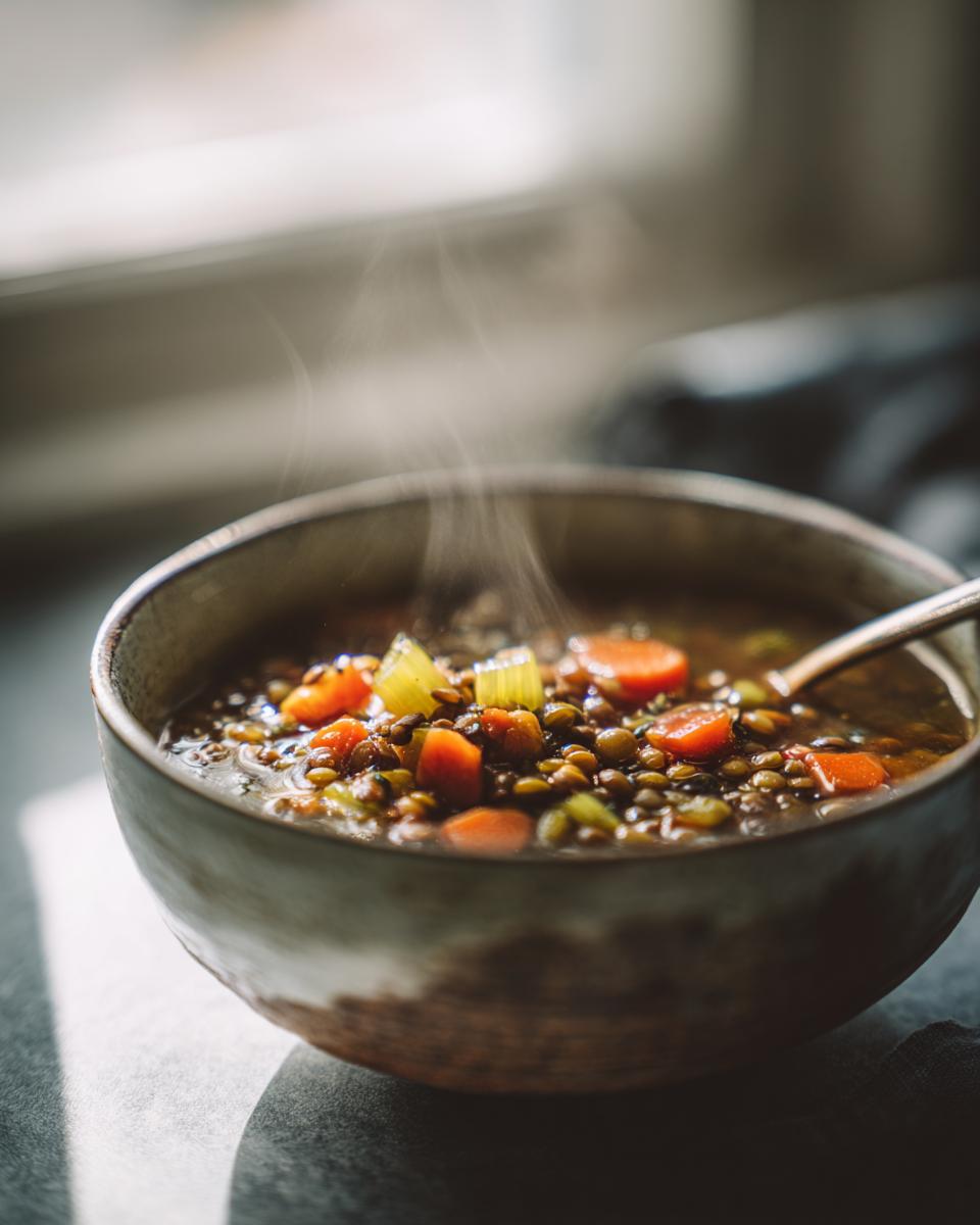 A steaming bowl of lentil vegetable soup with carrots and celery, perfect for meal prep.