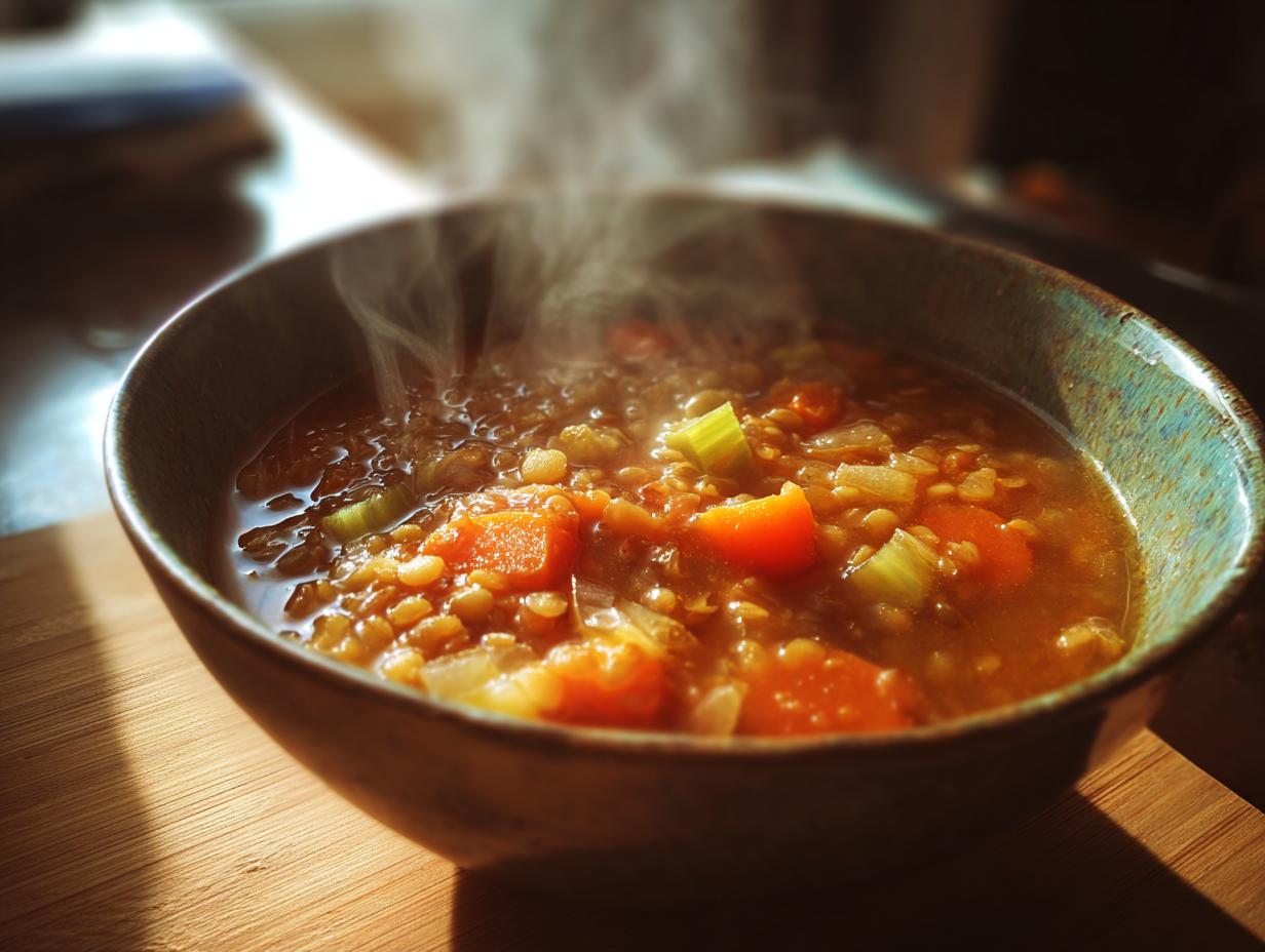 A steaming bowl of lentil vegetable soup with carrots, celery, and lentils, perfect for meal prep.