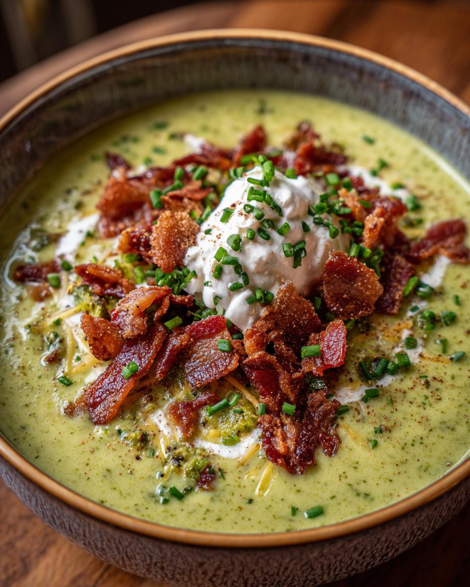 A bowl of creamy loaded broccoli cheddar soup topped with bacon, sour cream, and chives.