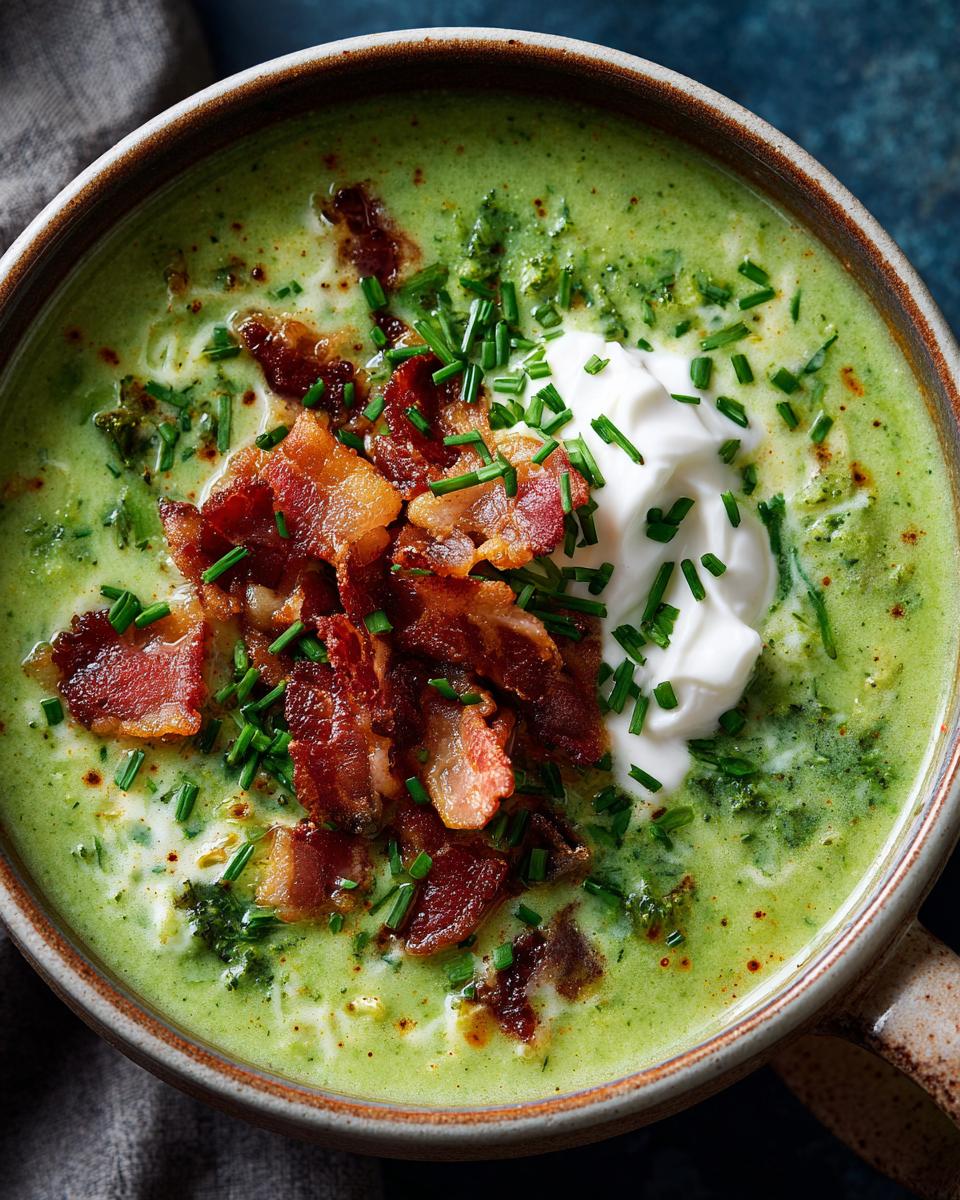 A bowl of creamy loaded broccoli cheddar soup topped with crispy bacon, sour cream, and chives.