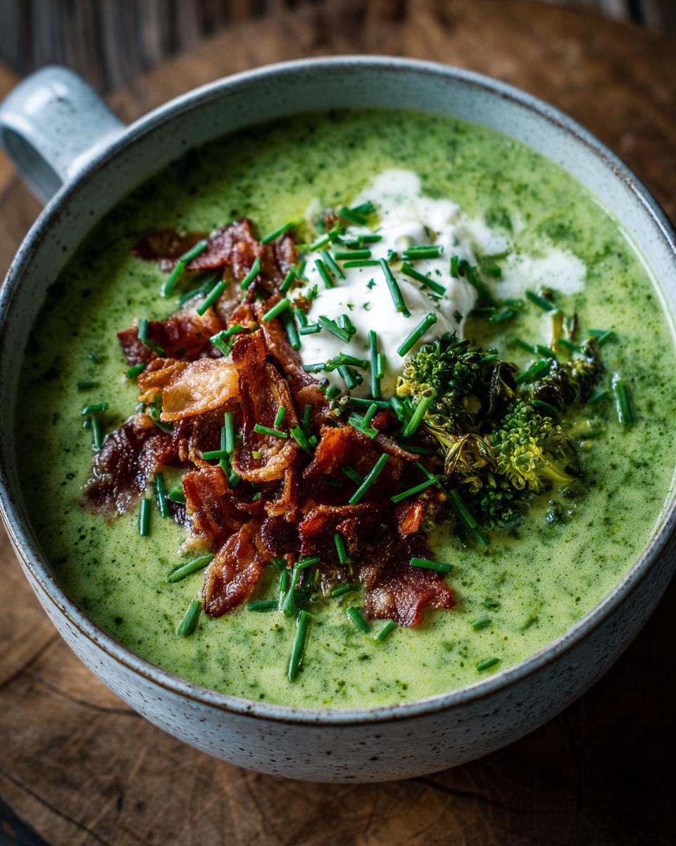 A bowl of creamy loaded broccoli cheddar soup topped with crispy bacon, sour cream, and chives.