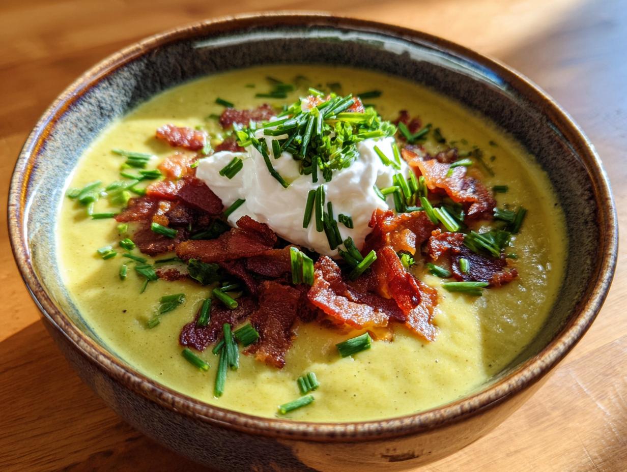 A bowl of loaded broccoli cheddar soup topped with sour cream, crispy bacon, and fresh chives.