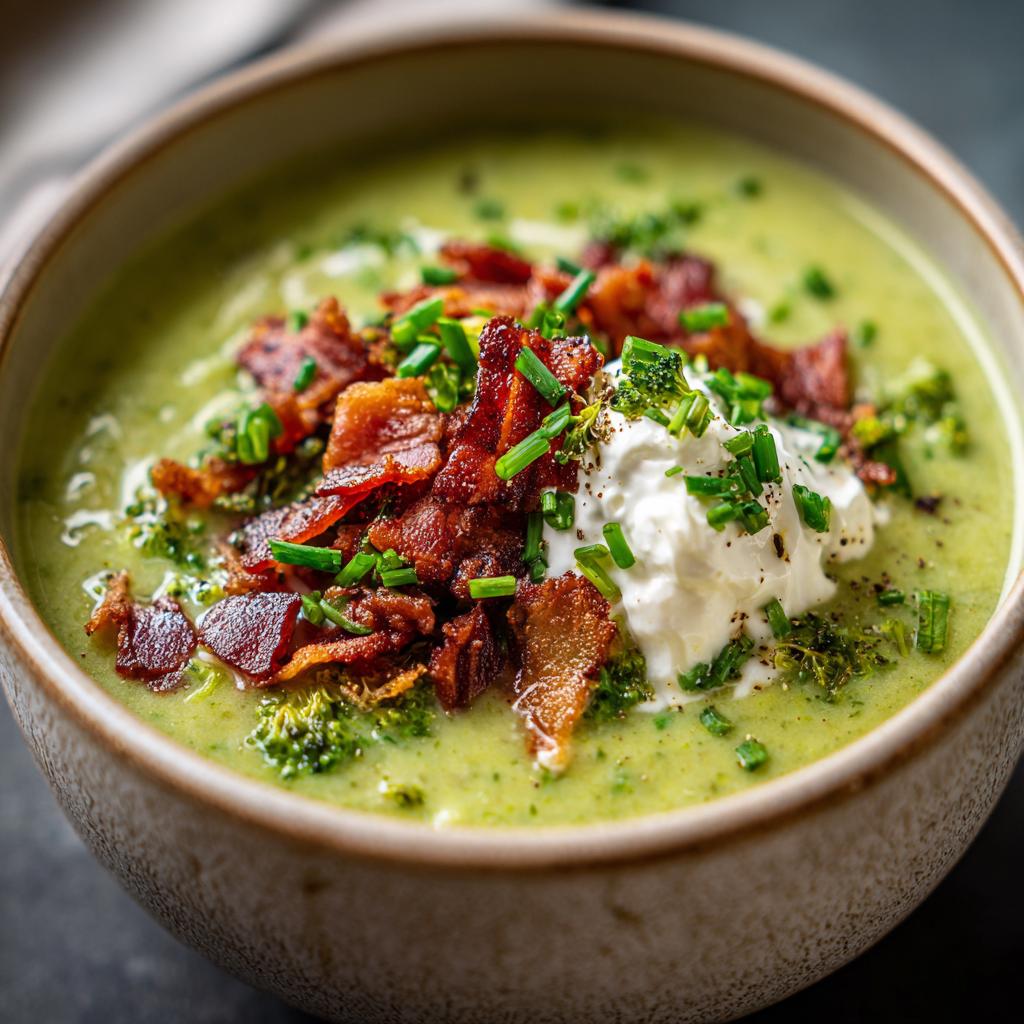 A bowl of creamy broccoli cheddar soup topped with crispy bacon, sour cream, and fresh chives.