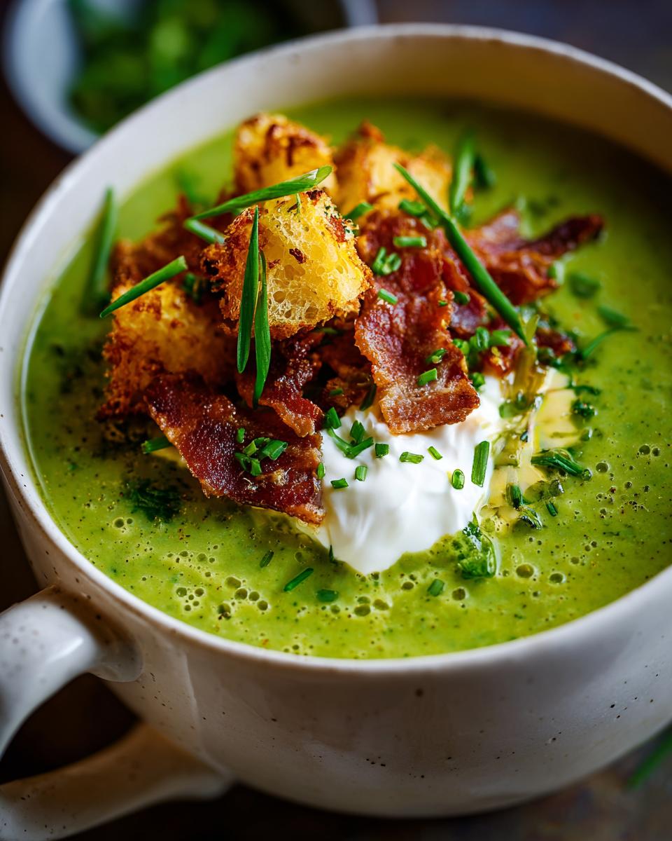 A bowl of creamy green broccoli cheddar soup topped with crispy bacon, golden croutons, sour cream, and fresh chives.