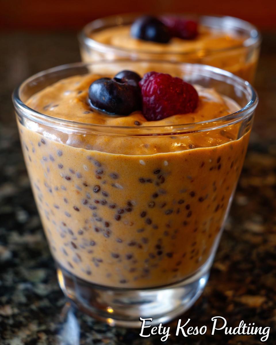 Close-up of a glass of Low Carb Protein Pudding with chia seeds, topped with blueberries and a raspberry.