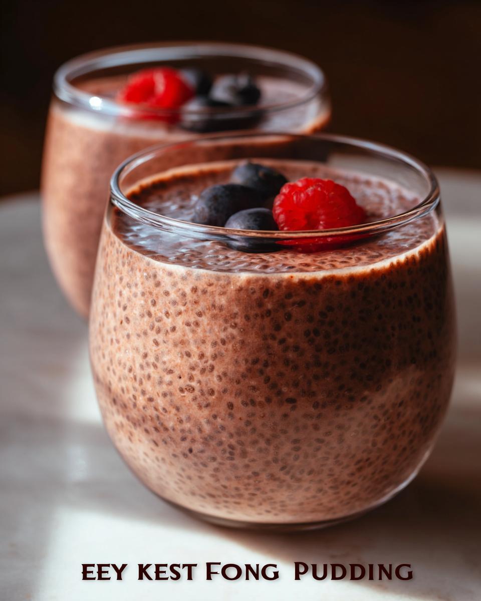 Two glasses of chocolate Low Carb Protein Pudding topped with fresh blueberries and raspberries.